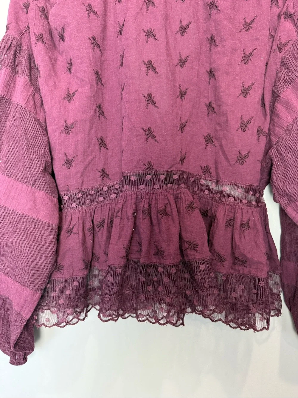 Free‎ People Nostalgic Feels Burgundy Embroidered Peplum Blouse M